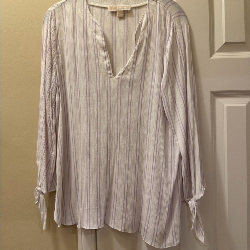 Michael Kors Striped White Blouse with Tie Sleeves